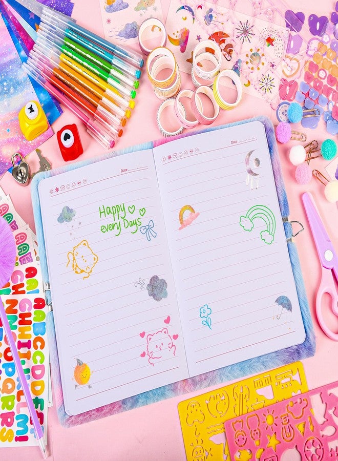 LiYiQ Plush Unicorn Diary Gift Travel Journal Secret Diary with Scrapbook Paper Stickers Journal Stencils Pompom Pen and Washi Tape Practical Set Gift for Birthday Christmas - Image 3